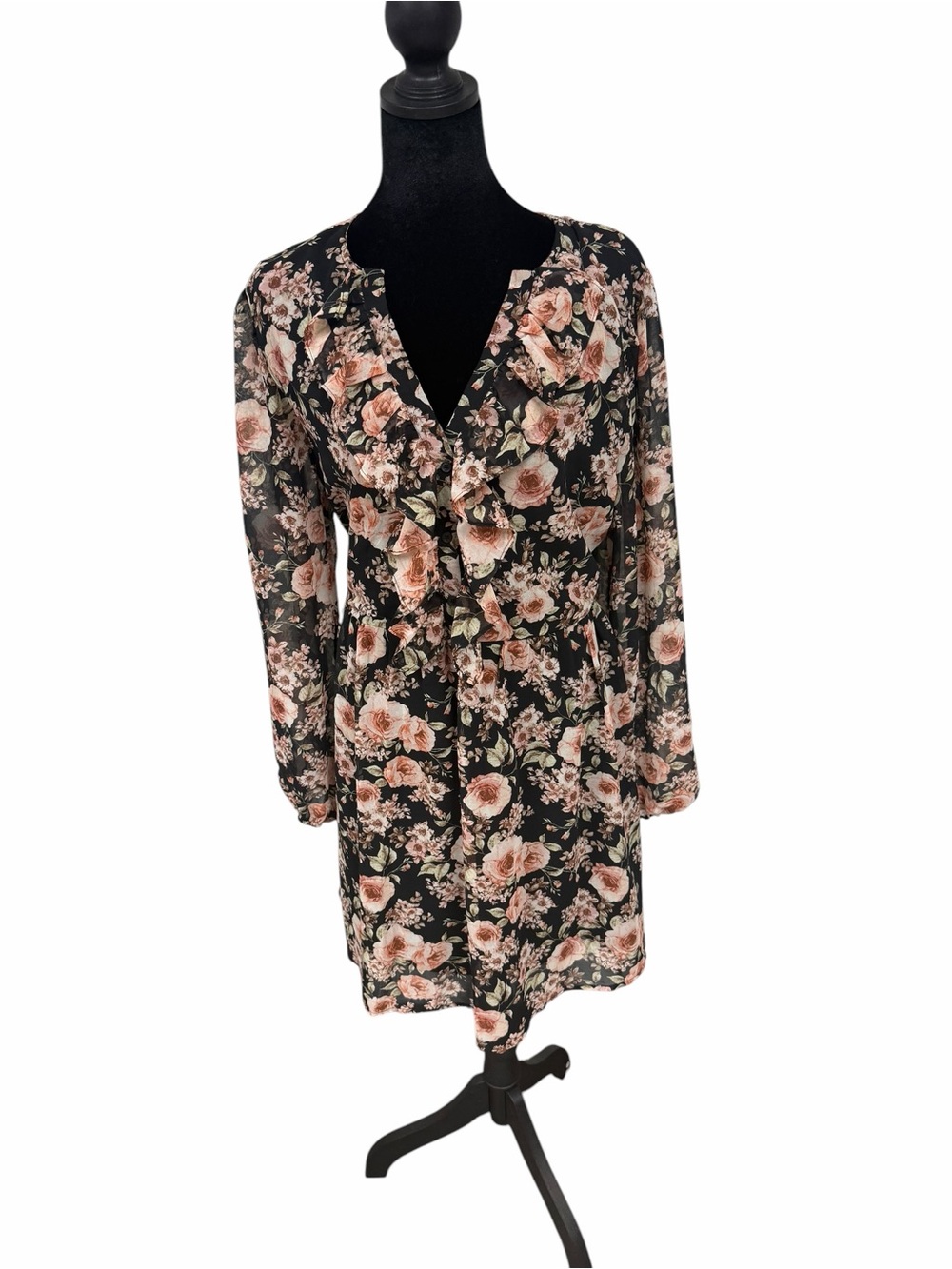 Floral V-Neck dress- Black with Blush Rose Print